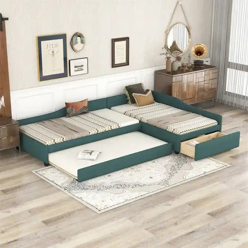 L Shaped Twin Daybed with Trundle, Upholstered Daybed with Storage Drawer, Double Twin Size Floor Platform Bed for Bedroom