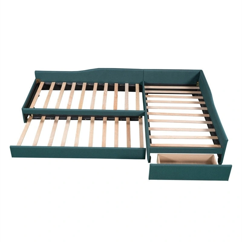 L Shaped Twin Daybed with Trundle, Upholstered Daybed with Storage Drawer, Double Twin Size Floor Platform Bed for Bedroom