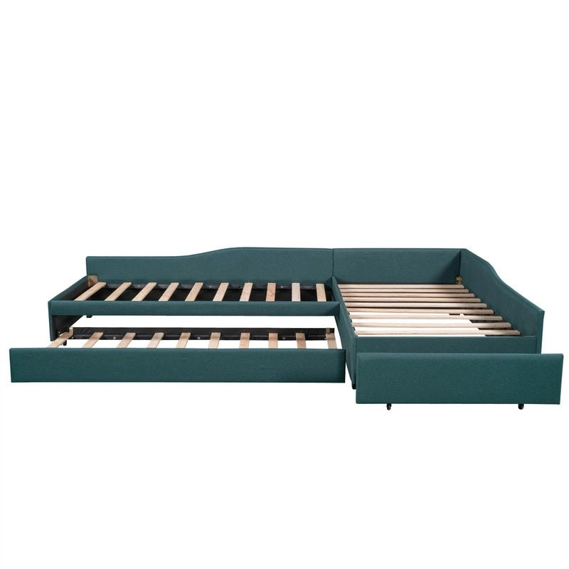 L Shaped Twin Daybed with Trundle, Upholstered Daybed with Storage Drawer, Double Twin Size Floor Platform Bed for Bedroom