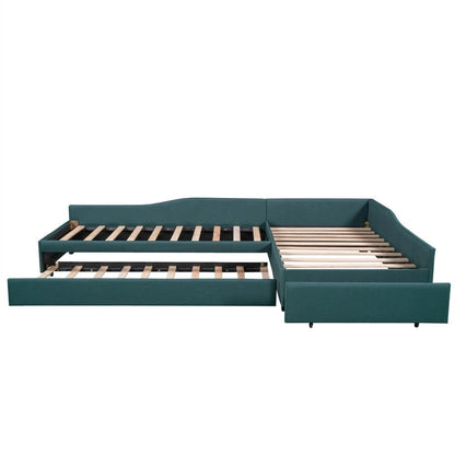 L Shaped Twin Daybed with Trundle, Upholstered Daybed with Storage Drawer, Double Twin Size Floor Platform Bed for Bedroom