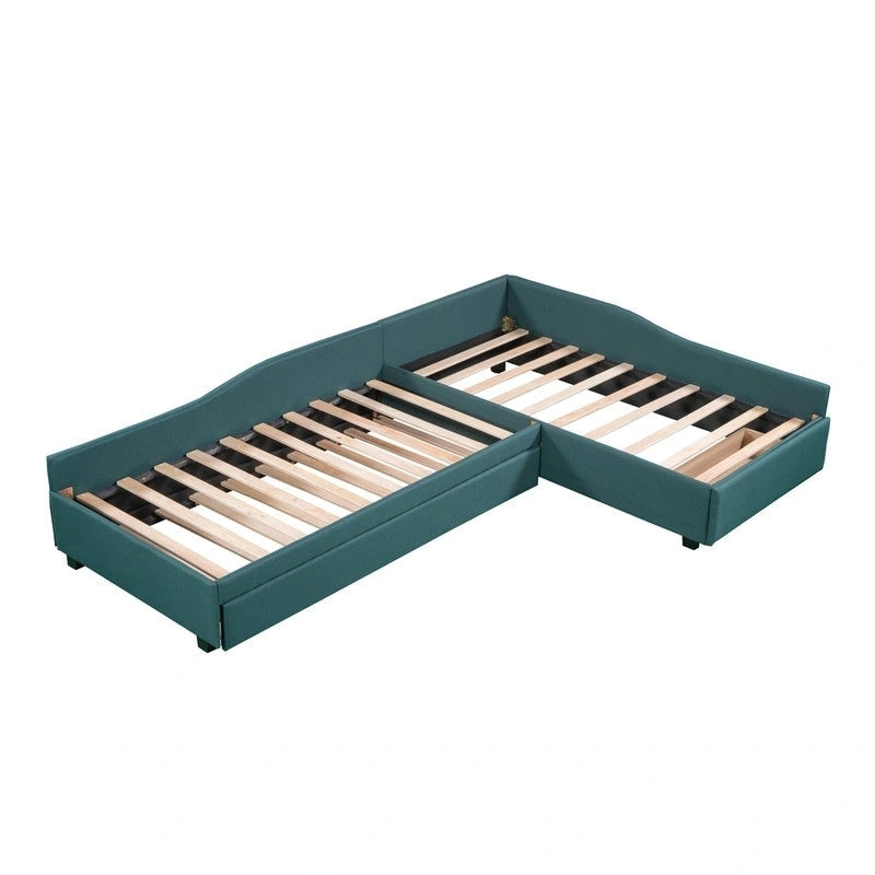 L Shaped Twin Daybed with Trundle, Upholstered Daybed with Storage Drawer, Double Twin Size Floor Platform Bed for Bedroom