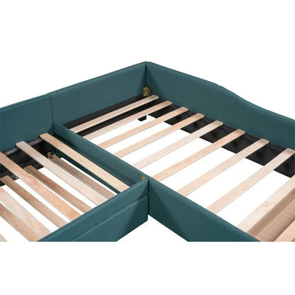 L Shaped Twin Daybed with Trundle, Upholstered Daybed with Storage Drawer, Double Twin Size Floor Platform Bed for Bedroom