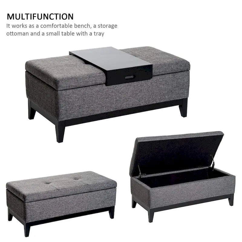 HomCom 42 Rectangular Linen Fabric Storage Ottoman Bench with Tray - Grey