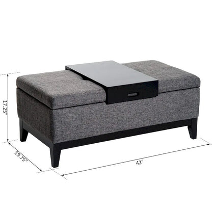 HomCom 42 Rectangular Linen Fabric Storage Ottoman Bench with Tray - Grey