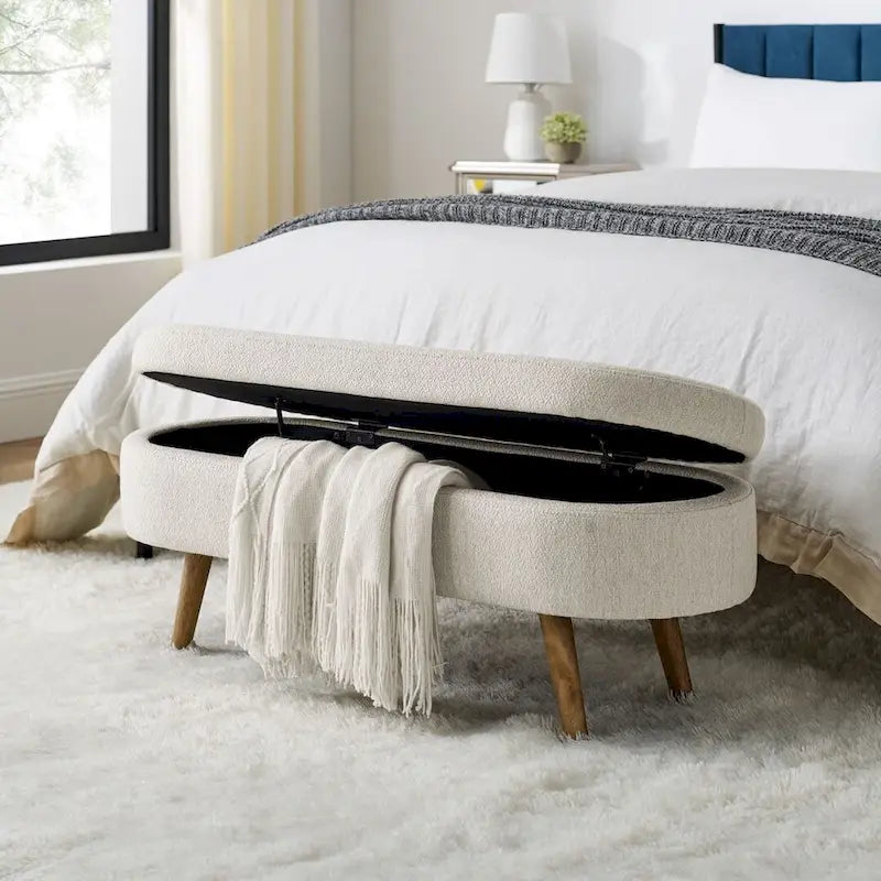 Ottoman Oval Storage Bench with Rubber Wood Legs Beige