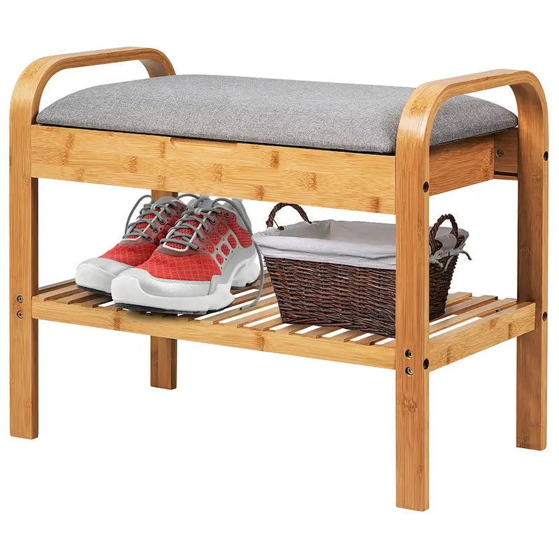 Bamboo Storage Bench Shoe Organizer Padded Seat Shoe Rack
