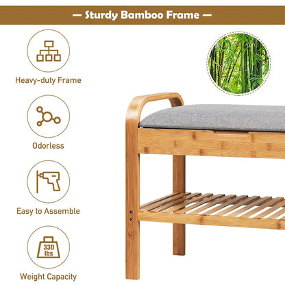 Bamboo Storage Bench Shoe Organizer Padded Seat Shoe Rack