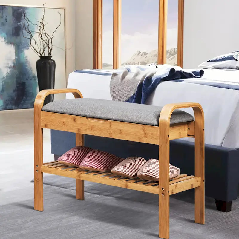 Bamboo Storage Bench Shoe Organizer Padded Seat Shoe Rack
