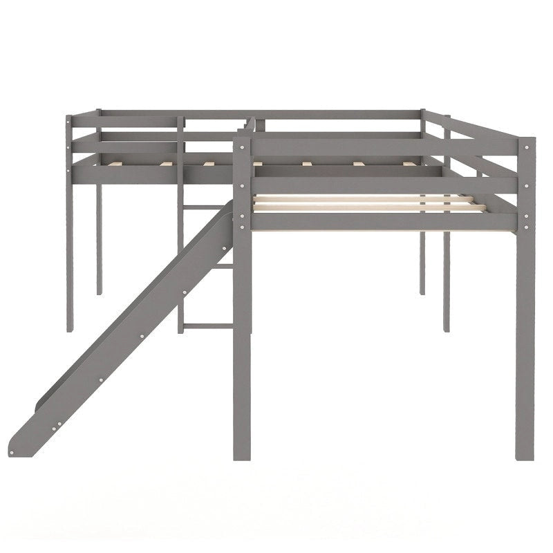 Wooden Twin Size L-Shaped Loft Bed with Ladder and Slide