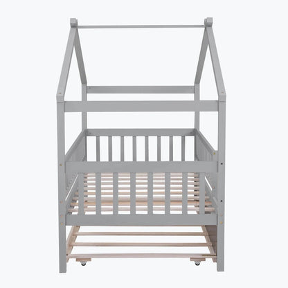 Wooden House Bed with Twin Size Trundle