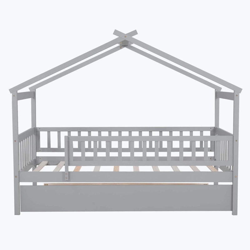 Wooden House Bed with Twin Size Trundle
