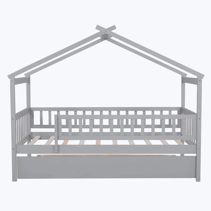 Wooden House Bed with Twin Size Trundle