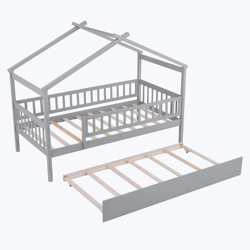 Wooden House Bed with Twin Size Trundle
