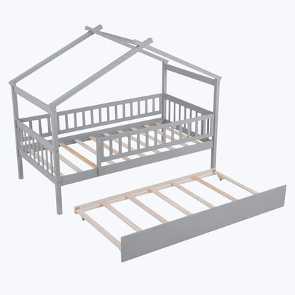Wooden House Bed with Twin Size Trundle