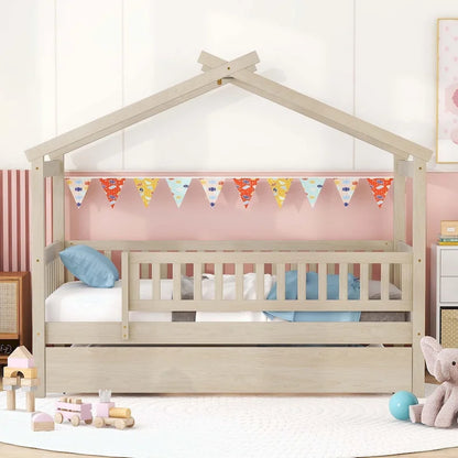 Wooden House Bed with Twin Size Trundle