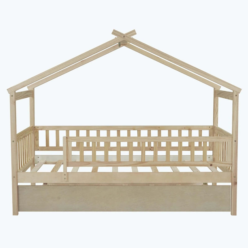Wooden House Bed with Twin Size Trundle