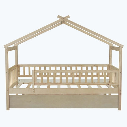 Wooden House Bed with Twin Size Trundle