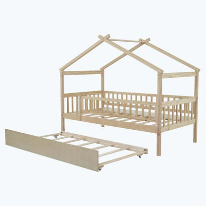 Wooden House Bed with Twin Size Trundle