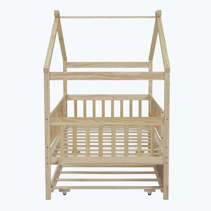 Wooden House Bed with Twin Size Trundle