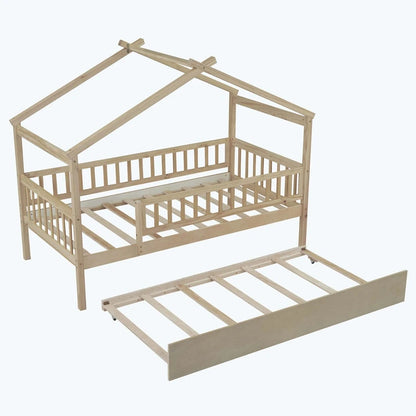 Wooden House Bed with Twin Size Trundle