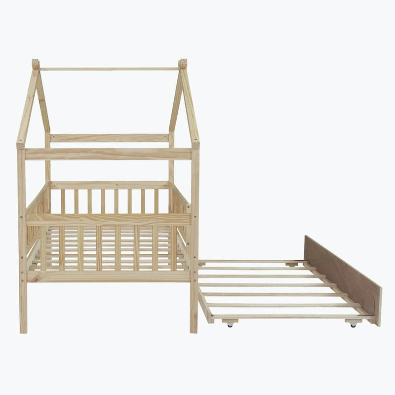 Wooden House Bed with Twin Size Trundle