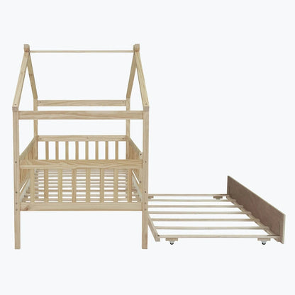 Wooden House Bed with Twin Size Trundle