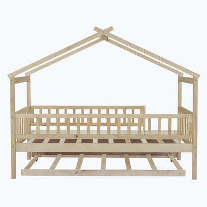 Wooden House Bed with Twin Size Trundle