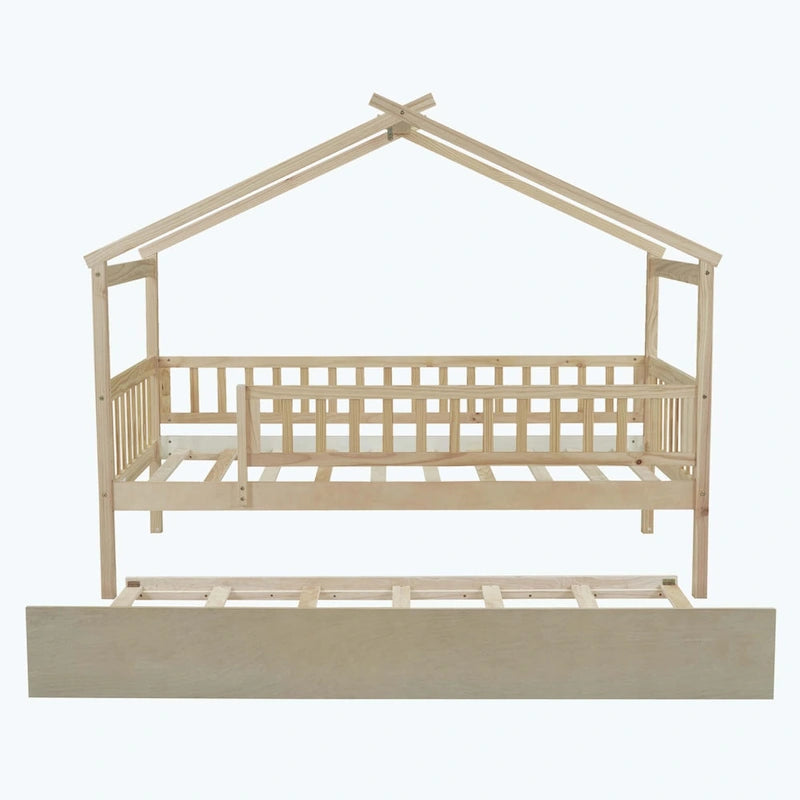 Wooden House Bed with Twin Size Trundle