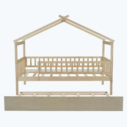 Wooden House Bed with Twin Size Trundle