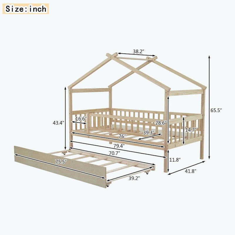 Wooden House Bed with Twin Size Trundle