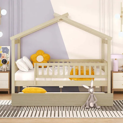 Wooden House Bed with Twin Size Trundle