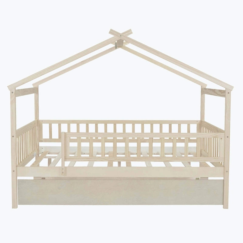 Wooden House Bed with Twin Size Trundle