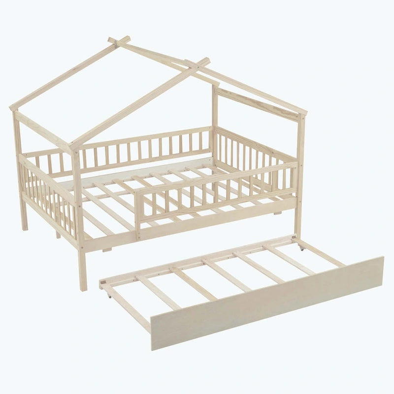 Wooden House Bed with Twin Size Trundle