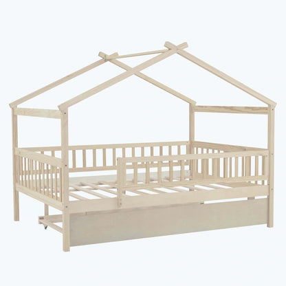 Wooden House Bed with Twin Size Trundle