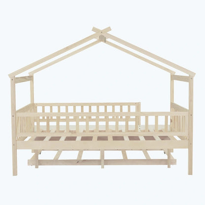 Wooden House Bed with Twin Size Trundle