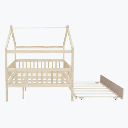 Wooden House Bed with Twin Size Trundle