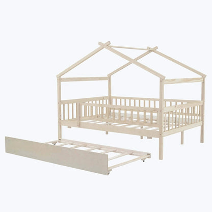Wooden House Bed with Twin Size Trundle