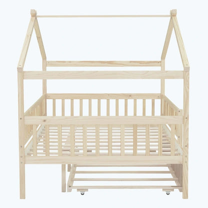 Wooden House Bed with Twin Size Trundle