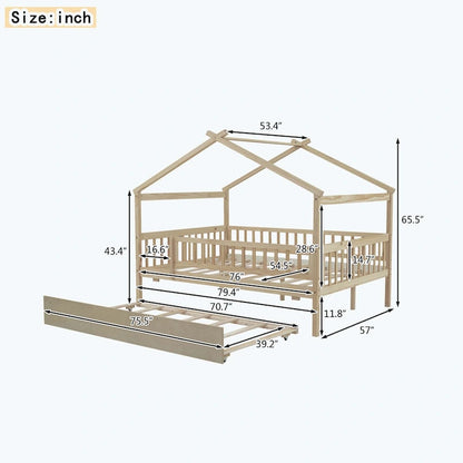 Wooden House Bed with Twin Size Trundle