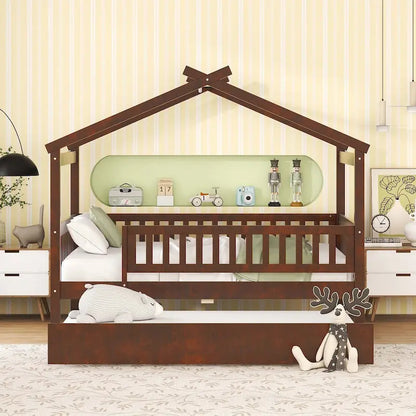 Wooden House Bed with Twin Size Trundle