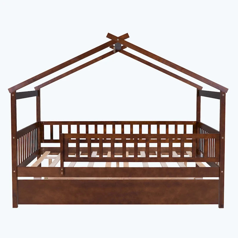 Wooden House Bed with Twin Size Trundle