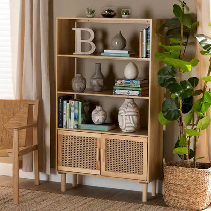 Faulkner Mid-Century Modern Wooden Bookcase & Bookshelf-Natural Brown