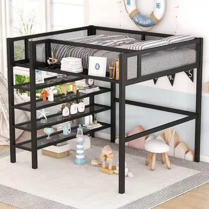 Full Size Metal Loft Bed with 4-Tier Shelves and Storage, Black