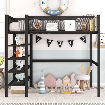 Full Size Metal Loft Bed with 4-Tier Shelves and Storage, Black