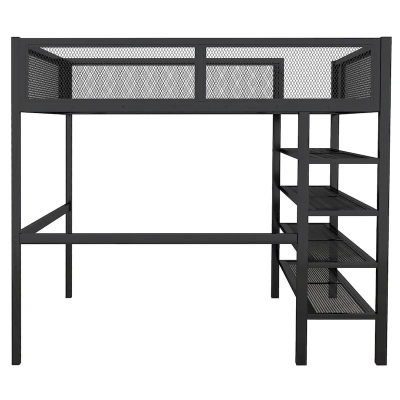 Full Size Metal Loft Bed with 4-Tier Shelves and Storage, Black