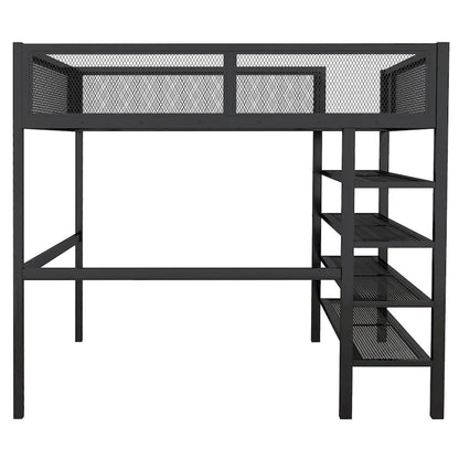 Full Size Metal Loft Bed with 4-Tier Shelves and Storage, Black