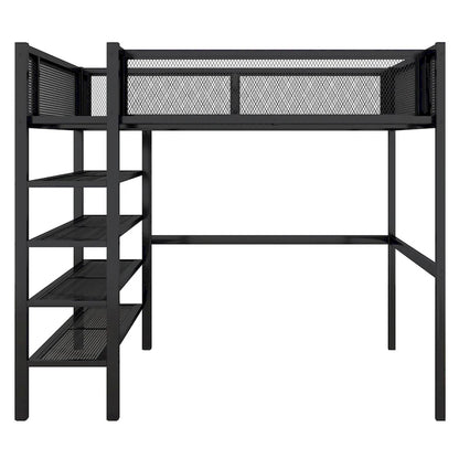 Full Size Metal Loft Bed with 4-Tier Shelves and Storage, Black