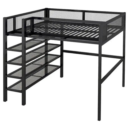 Full Size Metal Loft Bed with 4-Tier Shelves and Storage, Black