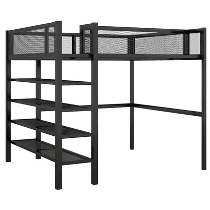 Full Size Metal Loft Bed with 4-Tier Shelves and Storage, Black
