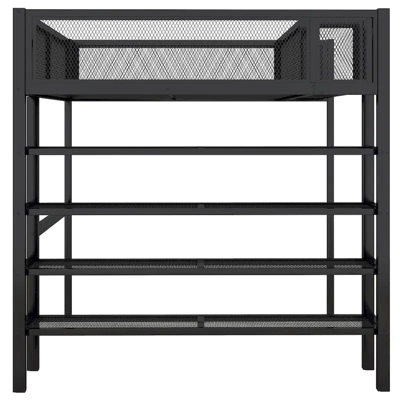 Full Size Metal Loft Bed with 4-Tier Shelves and Storage, Black
